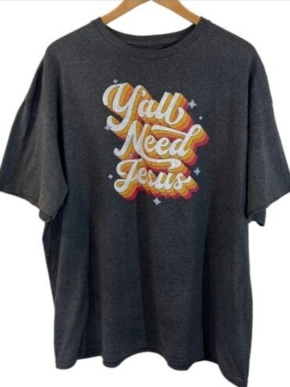 DOM Y'all Need Jesus Graphic Tee Men's 3XL Gray Retro Rainbow Text